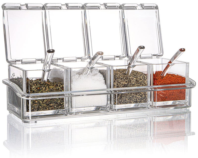Yesland Clear Seasoning Rack Spice Pots - 4 Piece Storage Container Condiment Jars - Acrylic Seasoning Box, Cruet with Cover and Spoon - Image 1